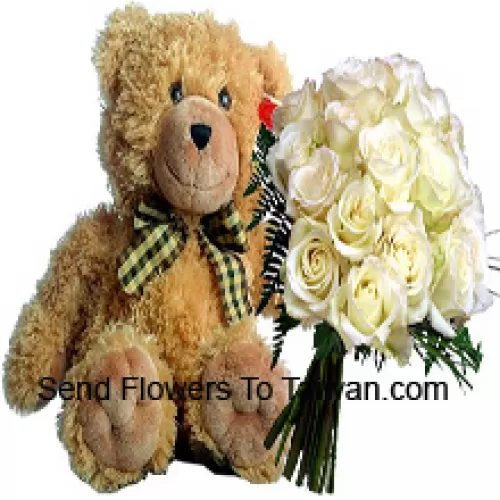Bunch Of 18 White Roses With Seasonal Fillers Along With A Cute 14 Inches Tall Brown Teddy Bear