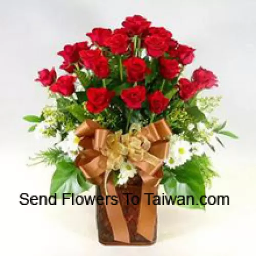 24 Red Roses And 12 White Gerberas With Seasonal Fillers In A Vase