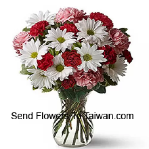 Red Carnations, Pink Carnations And White Gerberas With Seasonal Fillers In A Glass Vase -- 24 Stems And Fillers