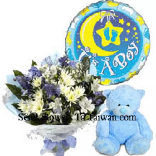 Bouquet de fleurs assorties, un ours en peluche mignon et un ballon pour garçon