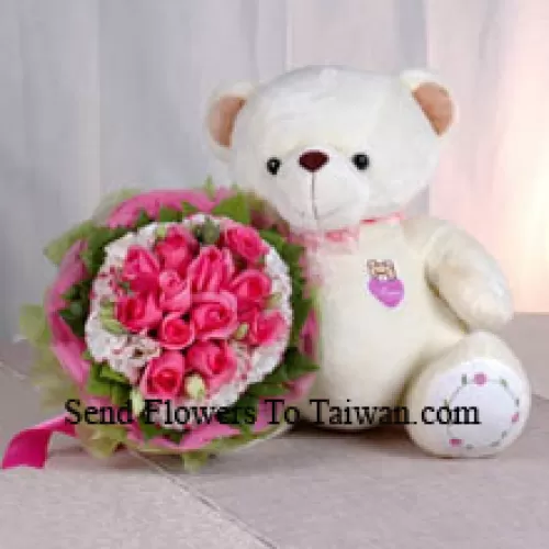 Bunch Of 12 Pink Roses And A Medium Sized Cute Teddy Bear