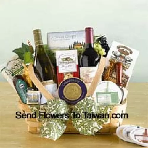 This Thanks Giving Gift Basket includes two California Red Wine, cheese, crisp crackers, pistachios, nuts, salami, chocolate chip cookies, a Napa Valley mini mustard, and a set of coasters along with a keepsake cheese spreader.  (Contents of basket including wine may vary by season and delivery location. In case of unavailability of a certain product we will substitute the same with a product of equal or higher value)