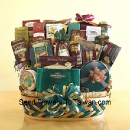 This enormous gift basket is an over-the-top Father's Day gift that is sure to leave a grand impression! When you need to send something that is truly memorable and is large enough to be enjoyed by a crowd, this gift basket is perfect. This sweet and savory selection features smoked salmon, crackers, cheese, assorted nuts, biscotti, Bavarian-style pretzels, cheese sticks, tortilla chips, salsa, cheese swirls, snack mix, a collection of cookies, caramel popcorn, Ghirardelli chocolate squares, a box of assorted Ghirardelli chocolates, a tin of chocolate-covered sandwich cookies, chocolate-dipped pretzels, chocolate nuggets, and hot cocoa mix. They won't know what to eat first! (Please Note That We Reserve The Right To Substitute Any Product With A Suitable Product Of Equal Value In Case Of Non-Availability Of A Certain Product)