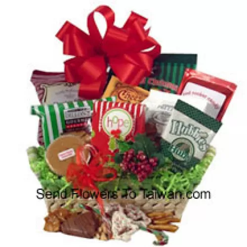 Celebrate holiday traditions with a gift that boasts good taste! The festive natural basket is packed full of delicious time-honored treats. We've included peanuts, fudge, pretzels, cheddar biscuits, cookies, snack mix, peanut brittle, sprinkled pretzels, Chinese New Year popcorn and chocolate filled peppermints. We've also included a keepsake tree ornament to top off this heartfelt holiday gift. (Please Note That We Reserve The Right To Substitute Any Product With A Suitable Product Of Equal Value In Case Of Non-Availability Of A Certain Product)